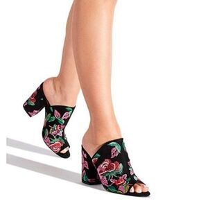 Black Floral Esther Heeled Slide Mule Shoes 7.5